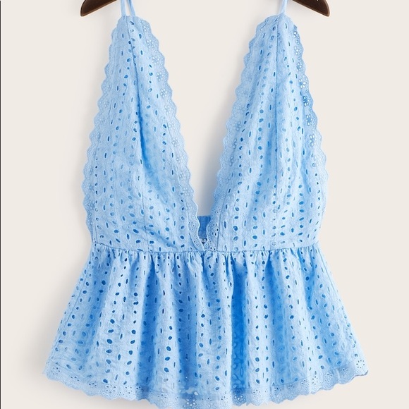 Tops - Eyelet Embroidery Deep V Neck Peplum Cami Top